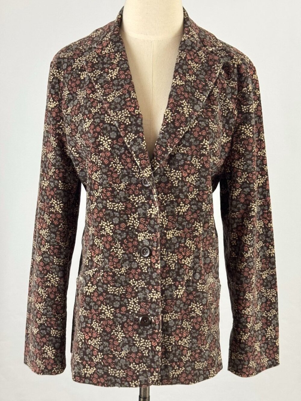 LL Bean Brown Floral Cotton Corduroy Blazer Jacket 70s Style Western Academia